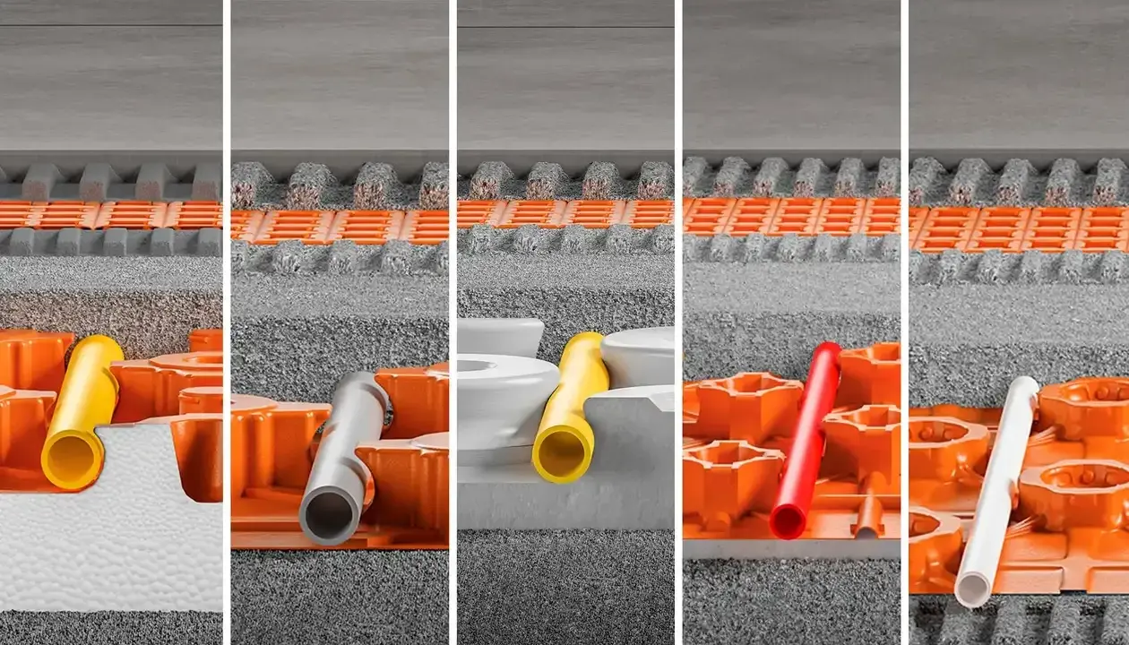 Coupes montrant l'installation du chauffage au sol. Des tubes de différentes couleurs (jaune, gris, rouge, blanc) sont intégrés dans des panneaux orange, sous un revêtement de sol.