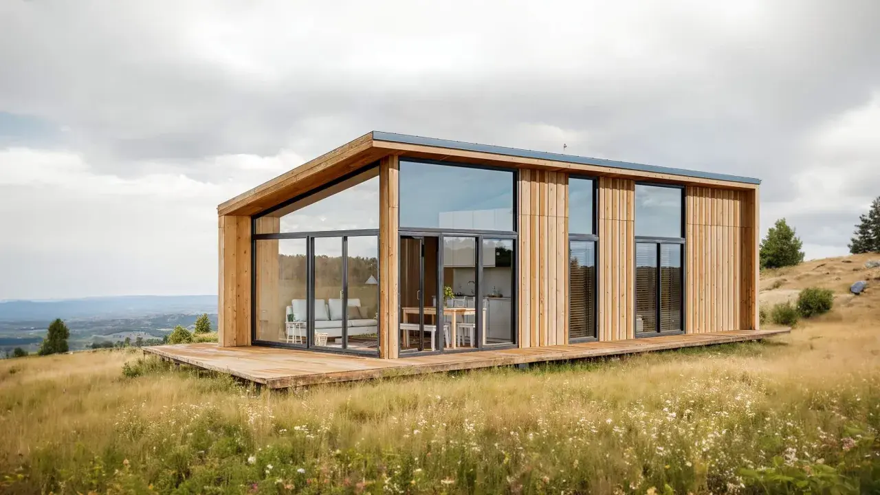 Maison moderne en bois avec grandes baies vitrées, nichée dans un paysage champêtre. Un projet construction maison idéal pour les amoureux de la nature.