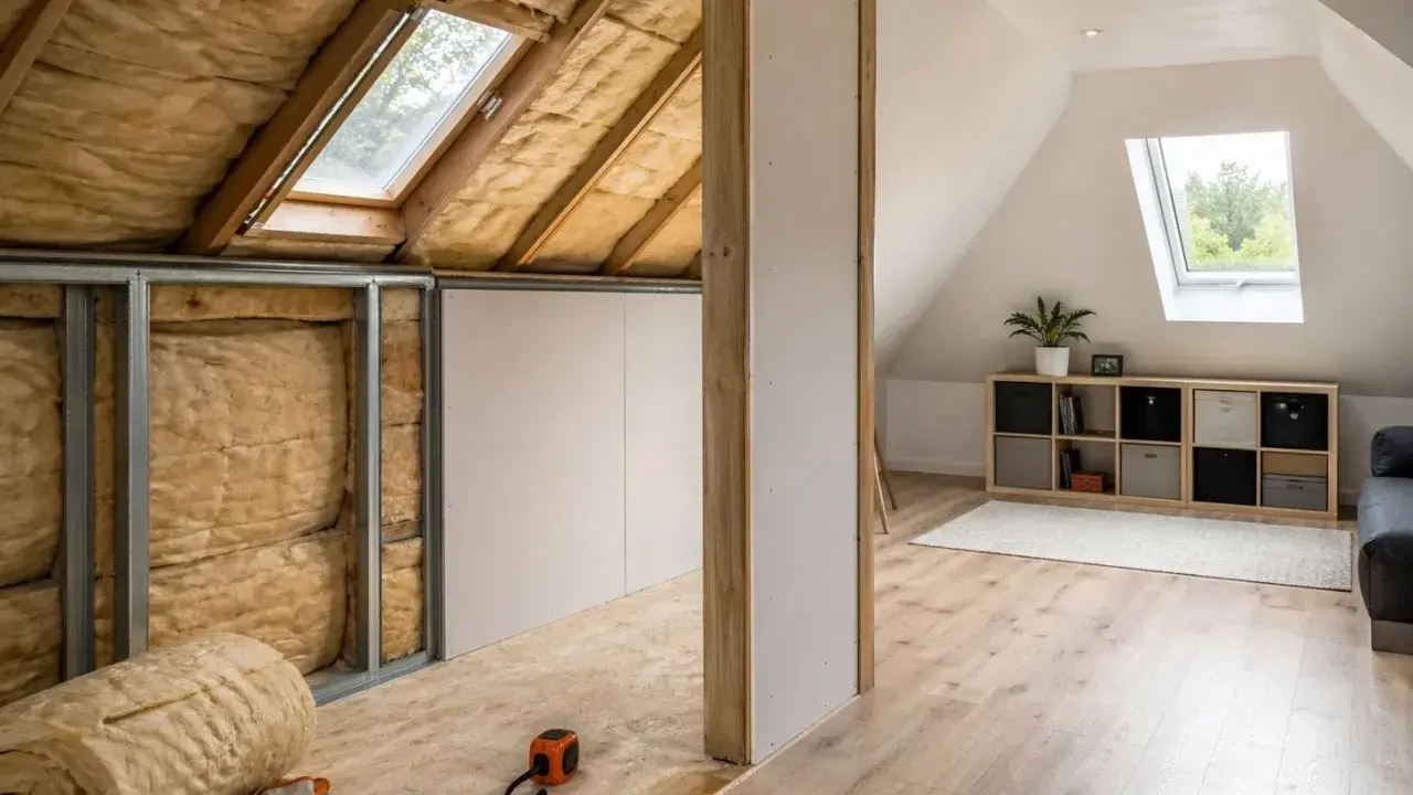 Aménagement de combles : isolation en laine de verre, murs en plaques de plâtre et sol en OSB. Fenêtres de toit et étagères.