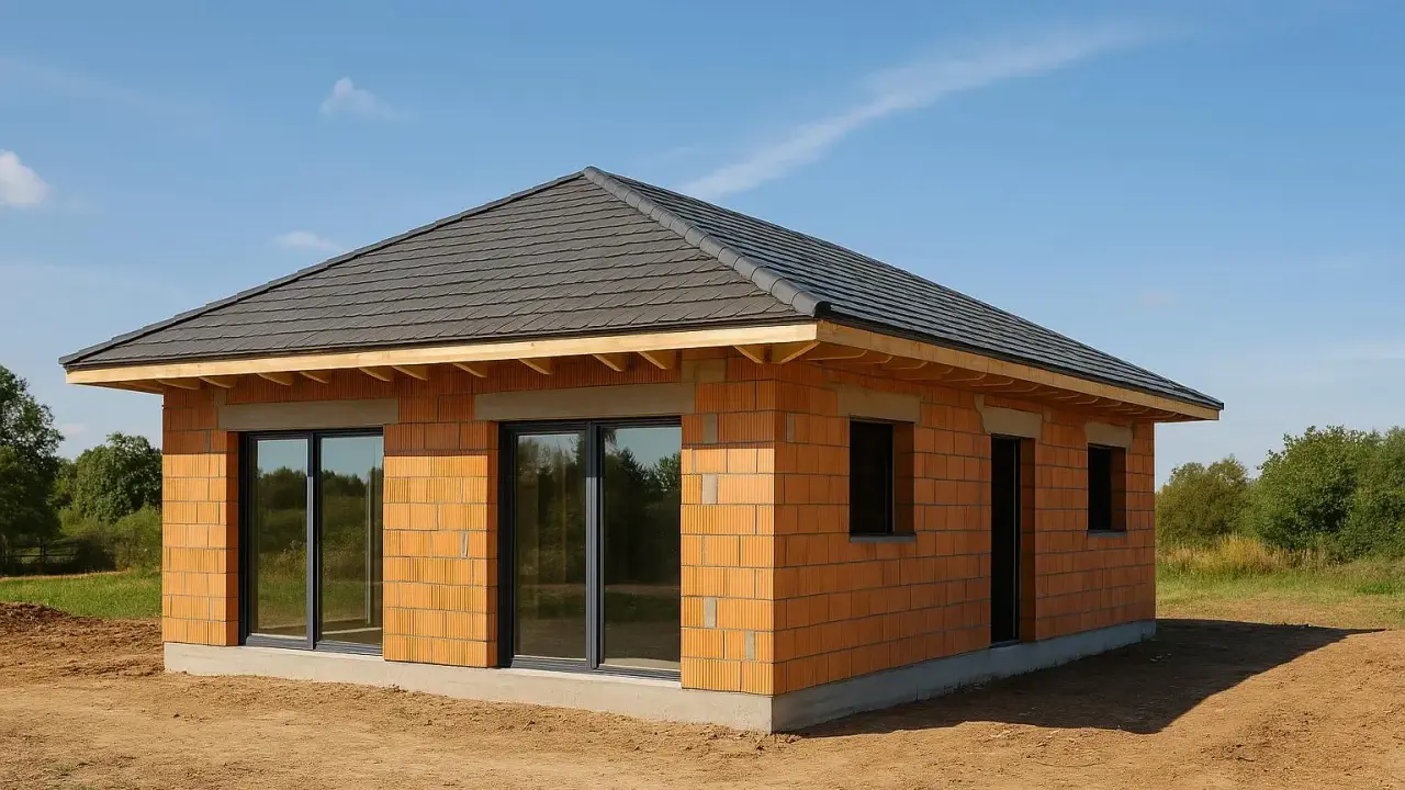 Une petite maison à construire en briques orange, avec un toit sombre et de grandes fenêtres, sur un terrain sablonneux sous un ciel bleu.