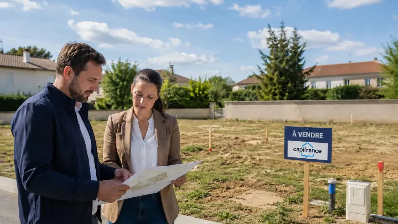 Un couple examine un plan sur un terrain à vendre, projetant d'acheter pour construire une maison.
