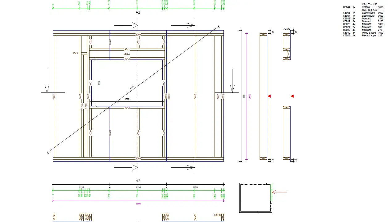 Plan ossature bois gratuit : vue en coupe d'un mur avec détails de dimensions et liste des pièces en bois.