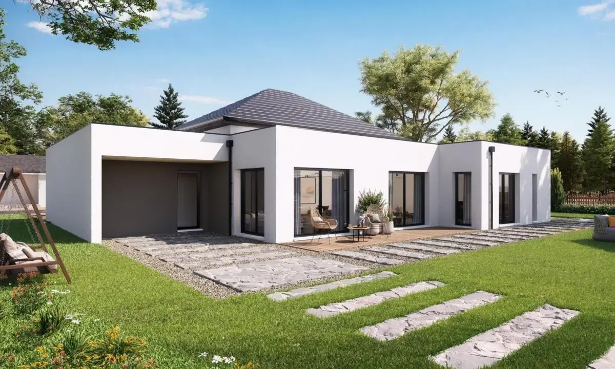 Maison plain-pied 100m2 avec garage, terrasse en bois, jardin verdoyant et balançoire. Prix attractif pour ce bien.