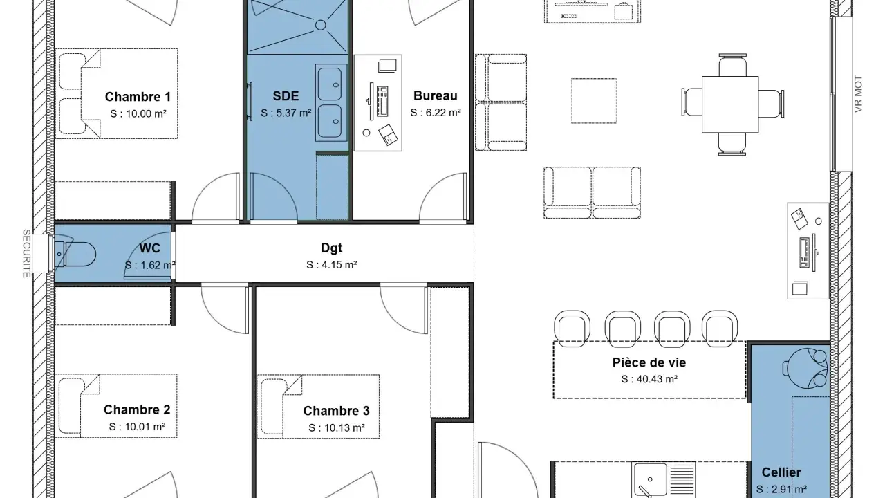 Plan d'une maison 90m2 avec 3 chambres, un bureau, une pièce de vie spacieuse, SDE, WC et cellier.