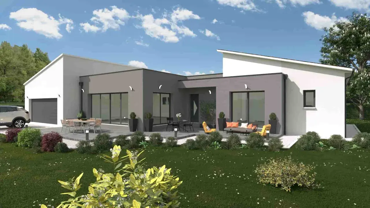 Maison moderne de plain-pied avec garage, terrasse aménagée et jardin verdoyant.
