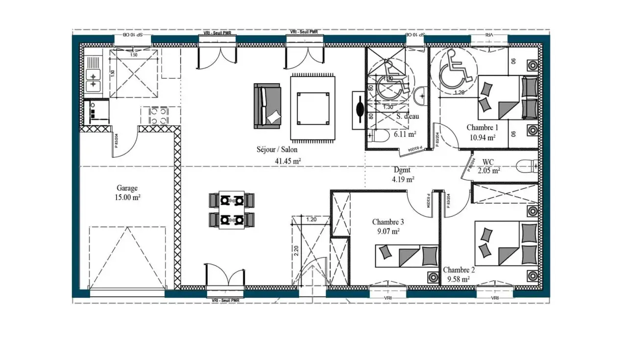 Plan d'un modèle de maison moderne avec garage, séjour spacieux, 3 chambres, salle d'eau et WC.