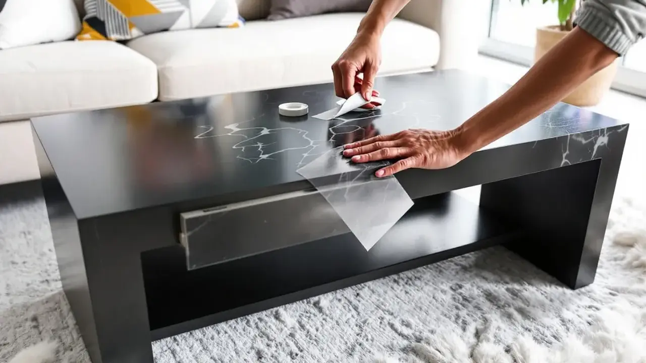 Mains appliquant un film adhésif marbré pour customiser une table basse noire.