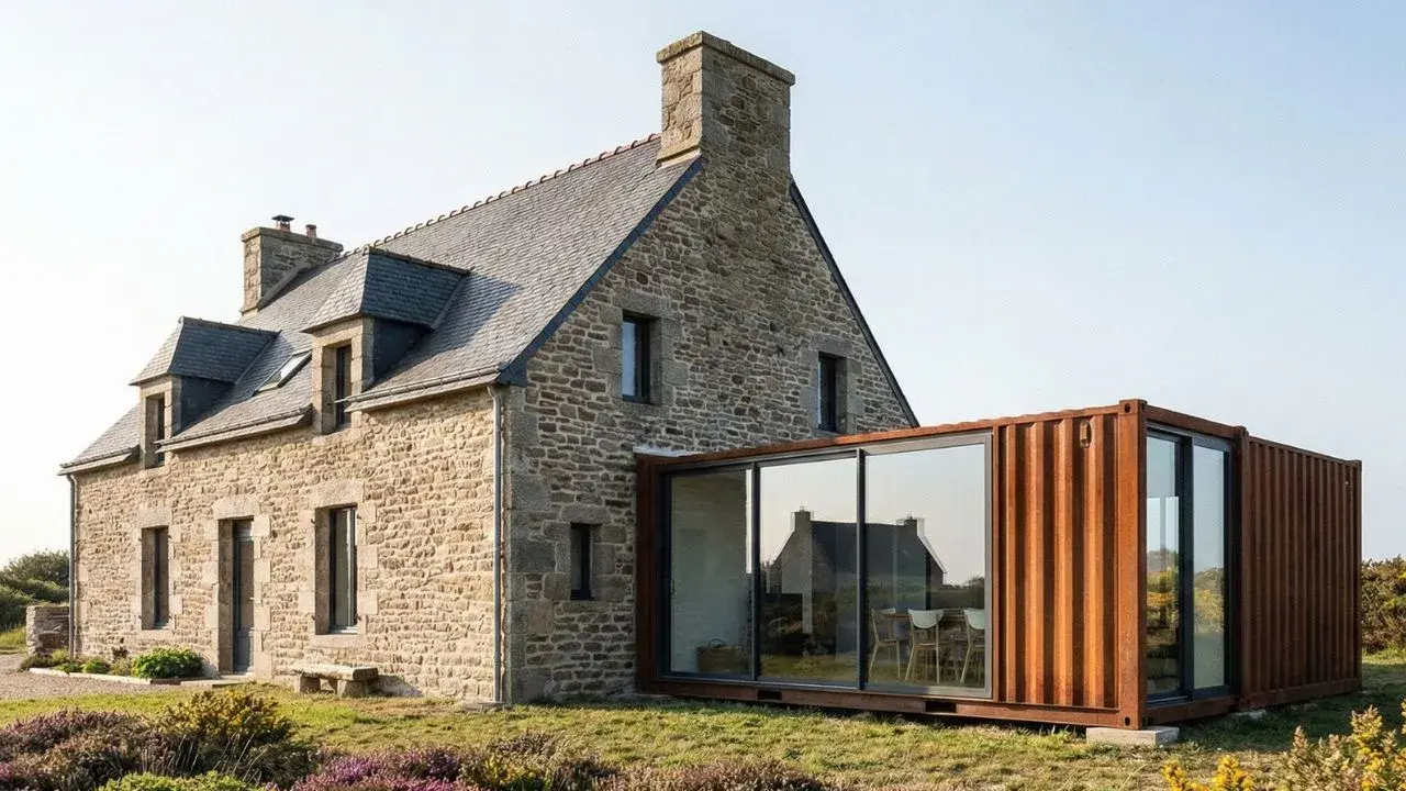 Maison en pierre avec une extension moderne en container maritime vitrée, offrant une vue sur la campagne fleurie.