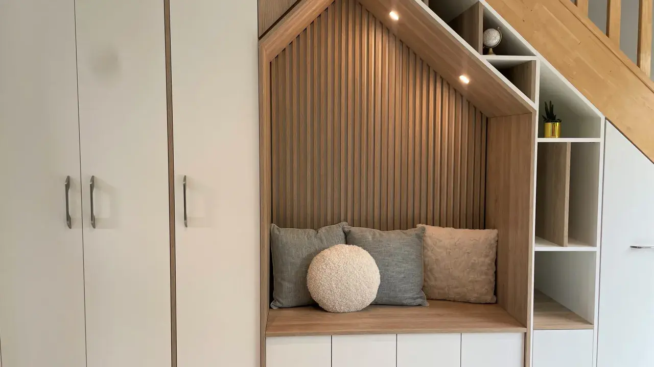 Aménagement cage d'escalier avec banquette confortable, coussins douillets et rangements intégrés.