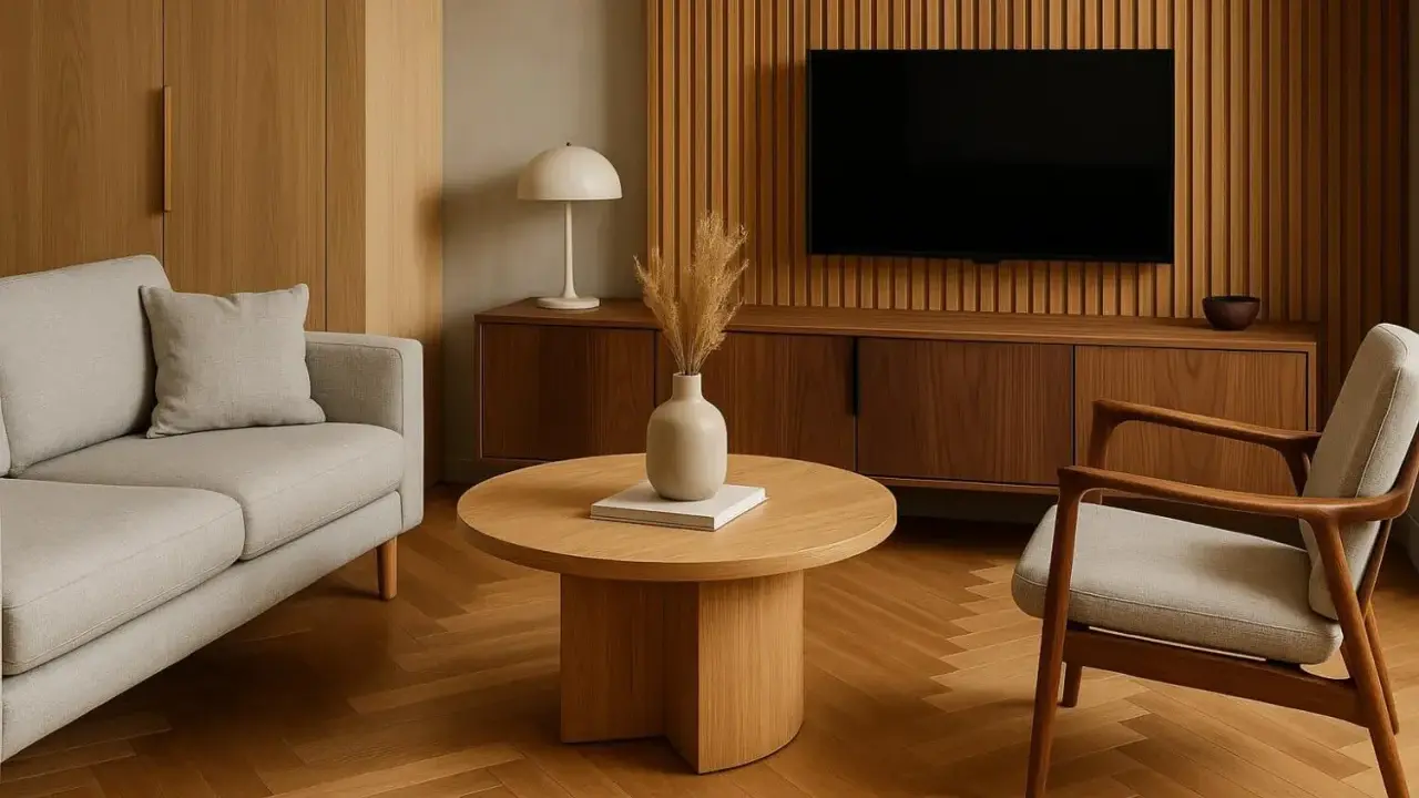 Comment aménager un salon en L : un canapé gris, une table basse en bois, un fauteuil et un meuble TV sur fond de lambris.