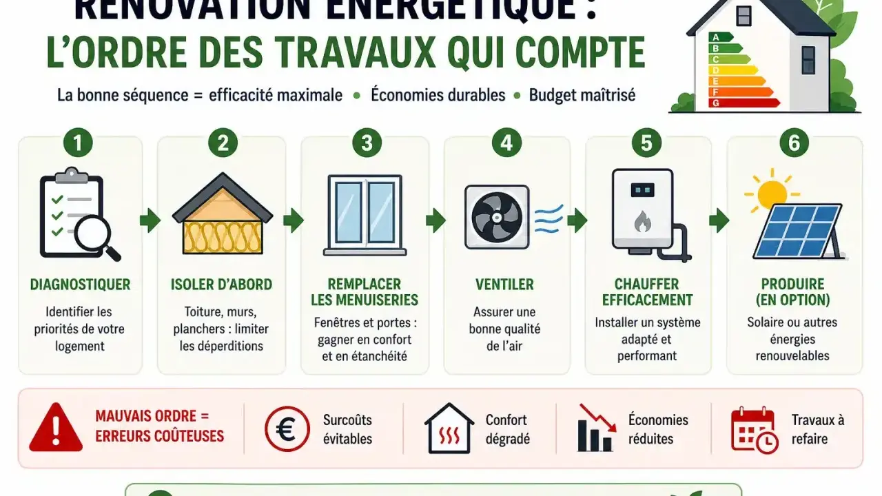 Schéma des travaux de second oeuvre pour une rénovation énergétique : diagnostic, isolation, menuiseries, ventilation, chauffage, production d'énergie.