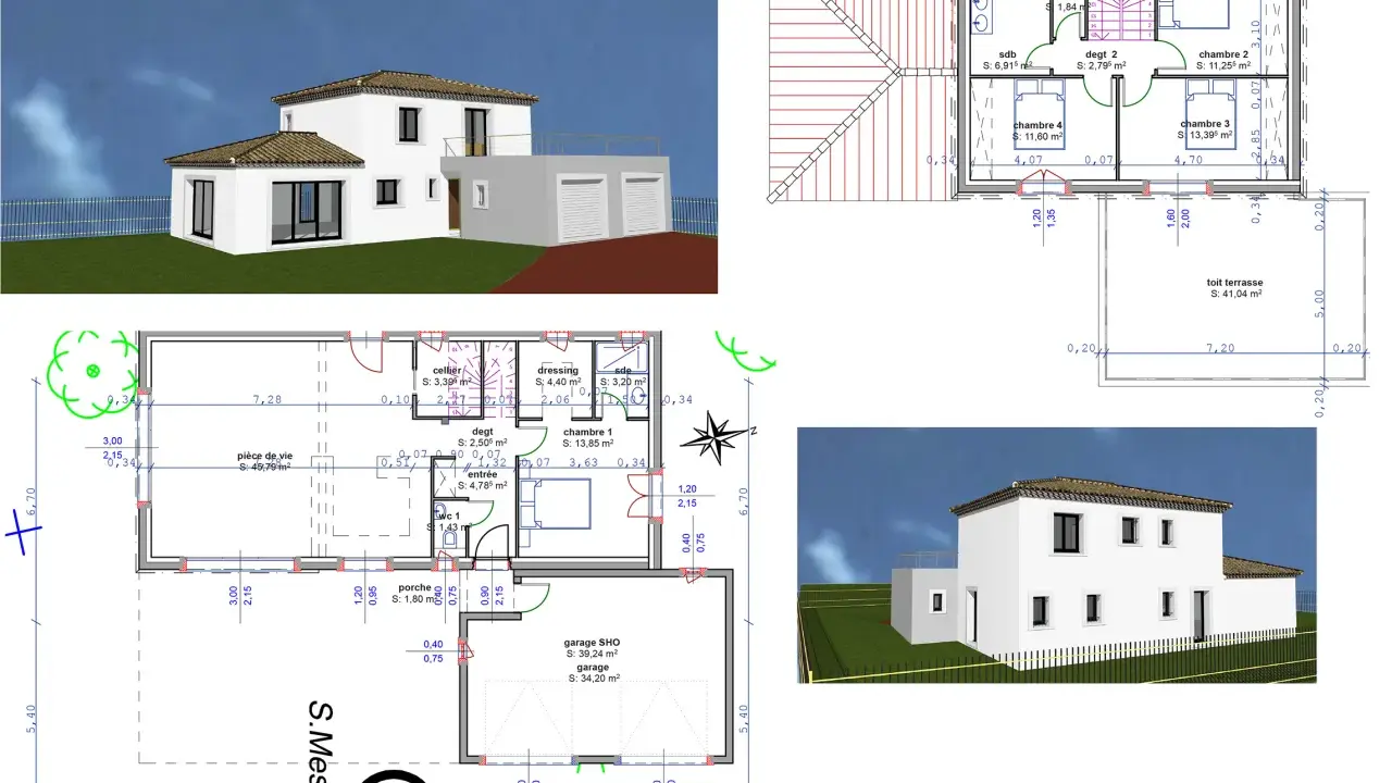 Plan d'une maison modulaire avec garage double, pièce de vie spacieuse, 4 chambres et terrasse sur le toit.