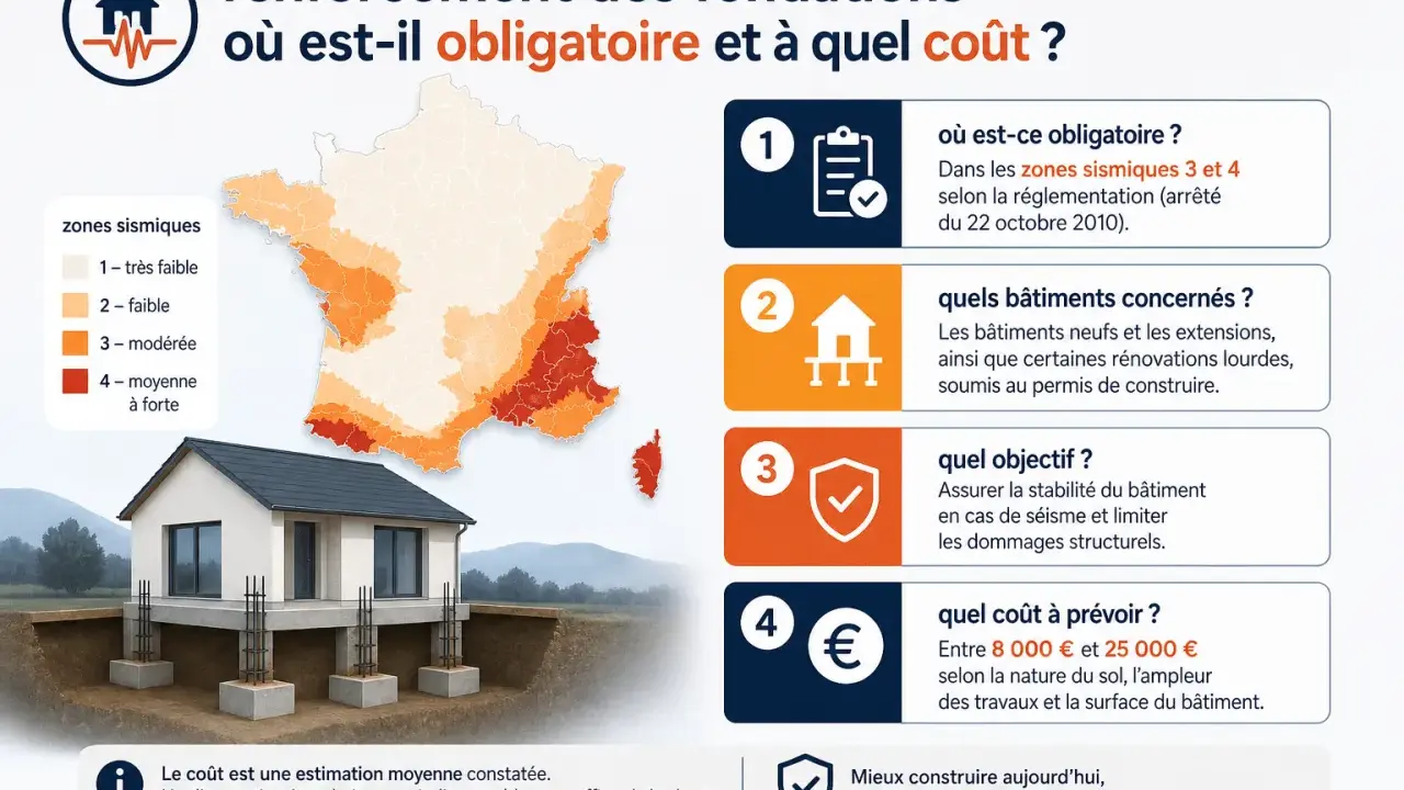 Illustration d'une maison sur fondations renforcées, avec une carte de France des zones sismiques. Le renforcement des fondations est obligatoire dans les zones 3 et 4.
