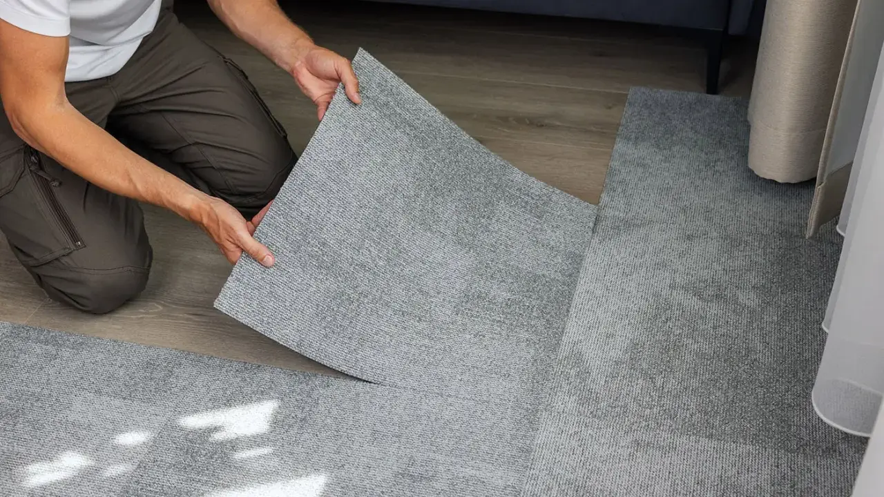 Pose d'une nouvelle moquette pour cacher un manque de carrelage. Les dalles grises s'assemblent parfaitement.