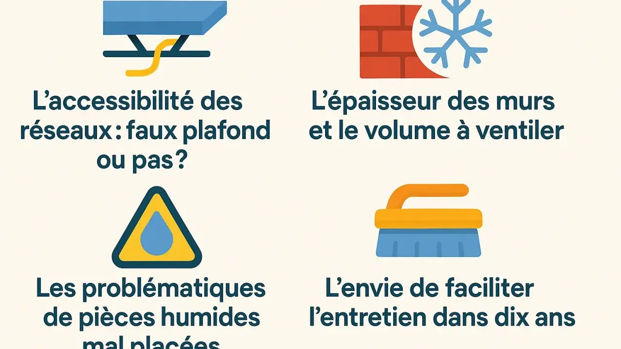 Conseils pour un installateur de VMC : accessibilité, épaisseur des murs, pièces humides et entretien futur.