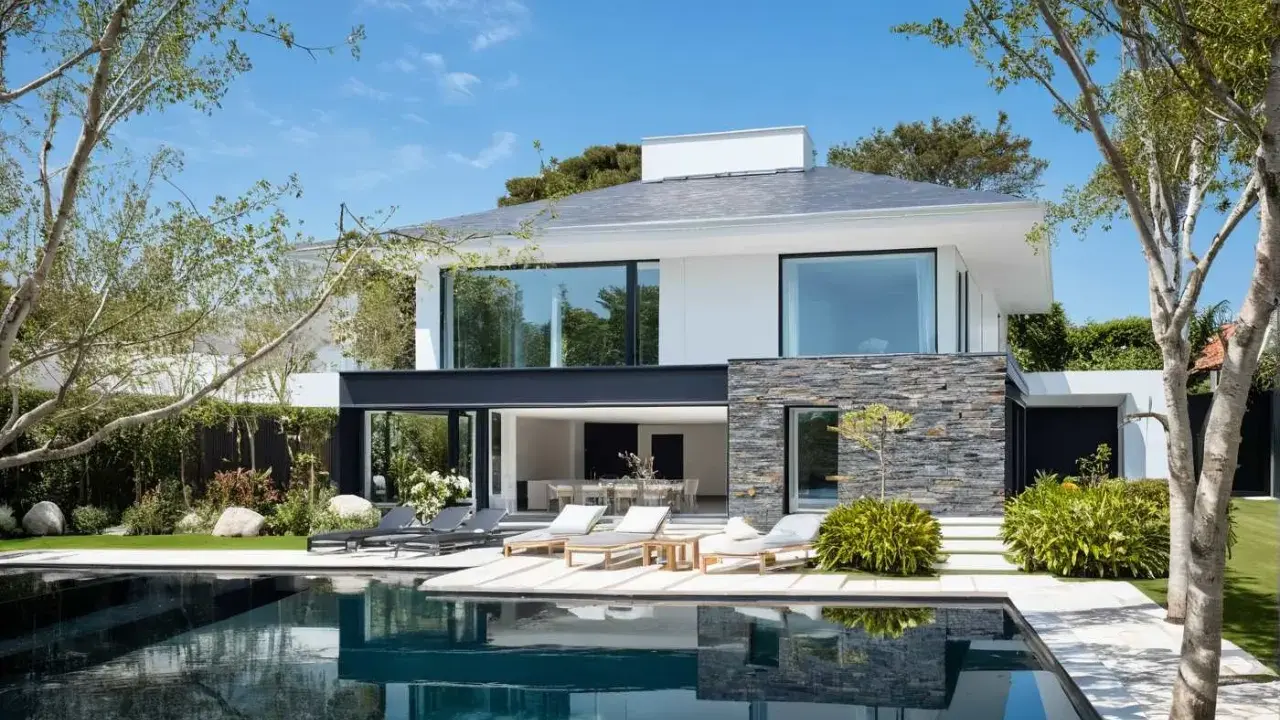 Une maison moderne simple avec piscine, terrasse et mobilier de jardin. Le soleil brille sur cette demeure épurée.