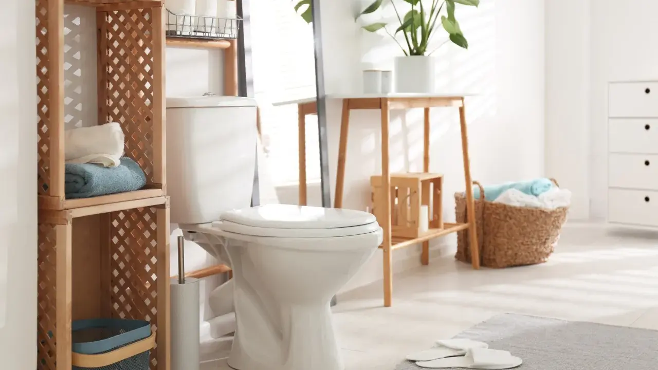 Idées pour comment décorer des toilettes : étagères en bois, paniers tressés, plantes vertes et serviettes douces créent une ambiance chaleureuse.