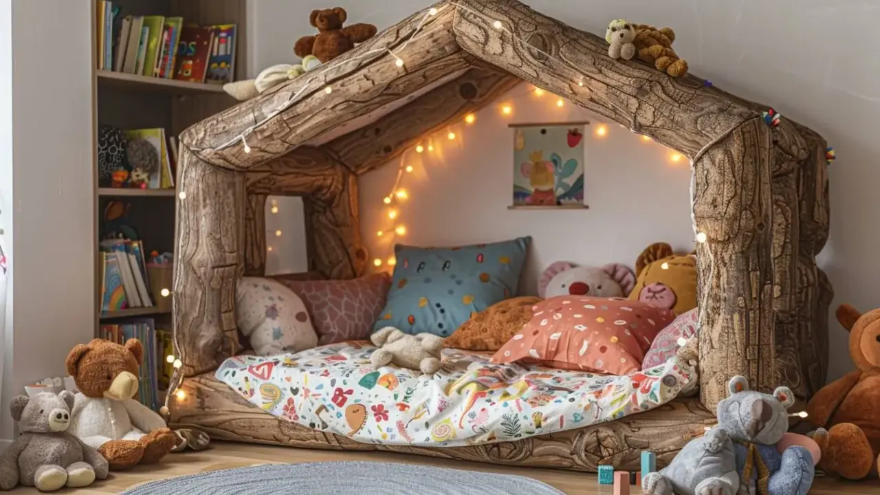 Un lit cabane en bois, décoré de guirlandes lumineuses, invite au jeu et à la lecture. Une belle idée pour une chambre d'enfant.