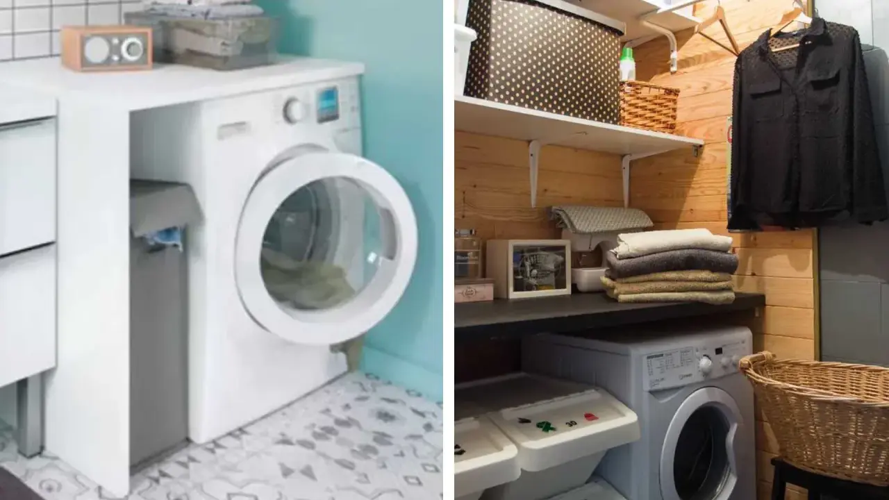 Aménagement d'une buanderie cellier fonctionnelle avec lave-linge, paniers à linge et rangements organisés.