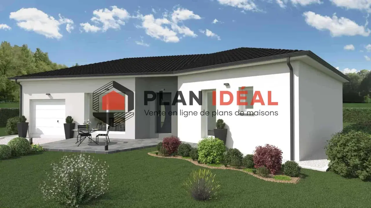 Une maison moderne de 110m2 avec garage, terrasse et jardin paysager. Le logo PLAN IDEAL est visible.