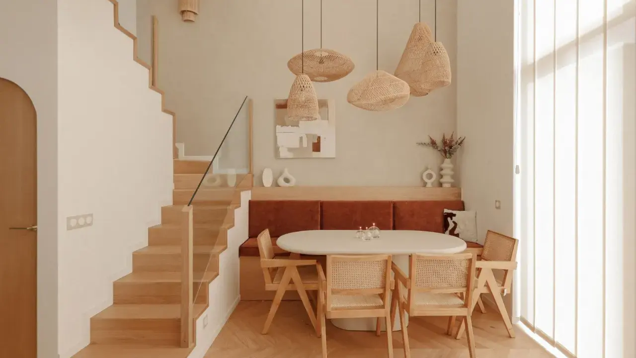 Plan salle à manger avec banquette, table ovale et chaises en rotin. Escalier en bois à gauche.