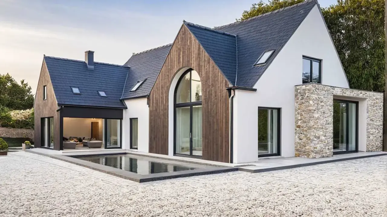 Une maison neuve en pierre et bois, avec une piscine rectangulaire devant.