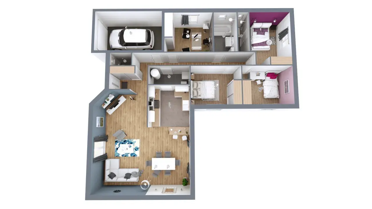 Plan 3D d'une maison avec garage, salon, cuisine, salle de bain et chambres.
