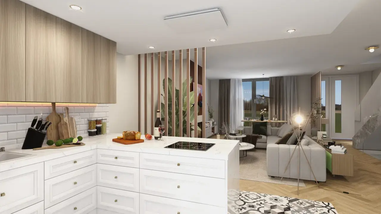 Aménager une cuisine ouverte avec un îlot central, des placards en bois clair et un salon attenant. Le sol est décoré de carreaux graphiques.