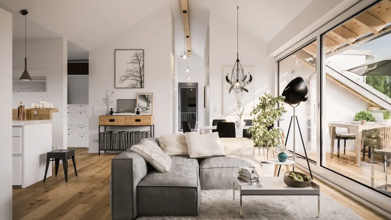 Un salon lumineux et spacieux, parfait pour **rénover mon appartement**. Canapé gris, parquet, et une grande baie vitrée donnant sur une terrasse.