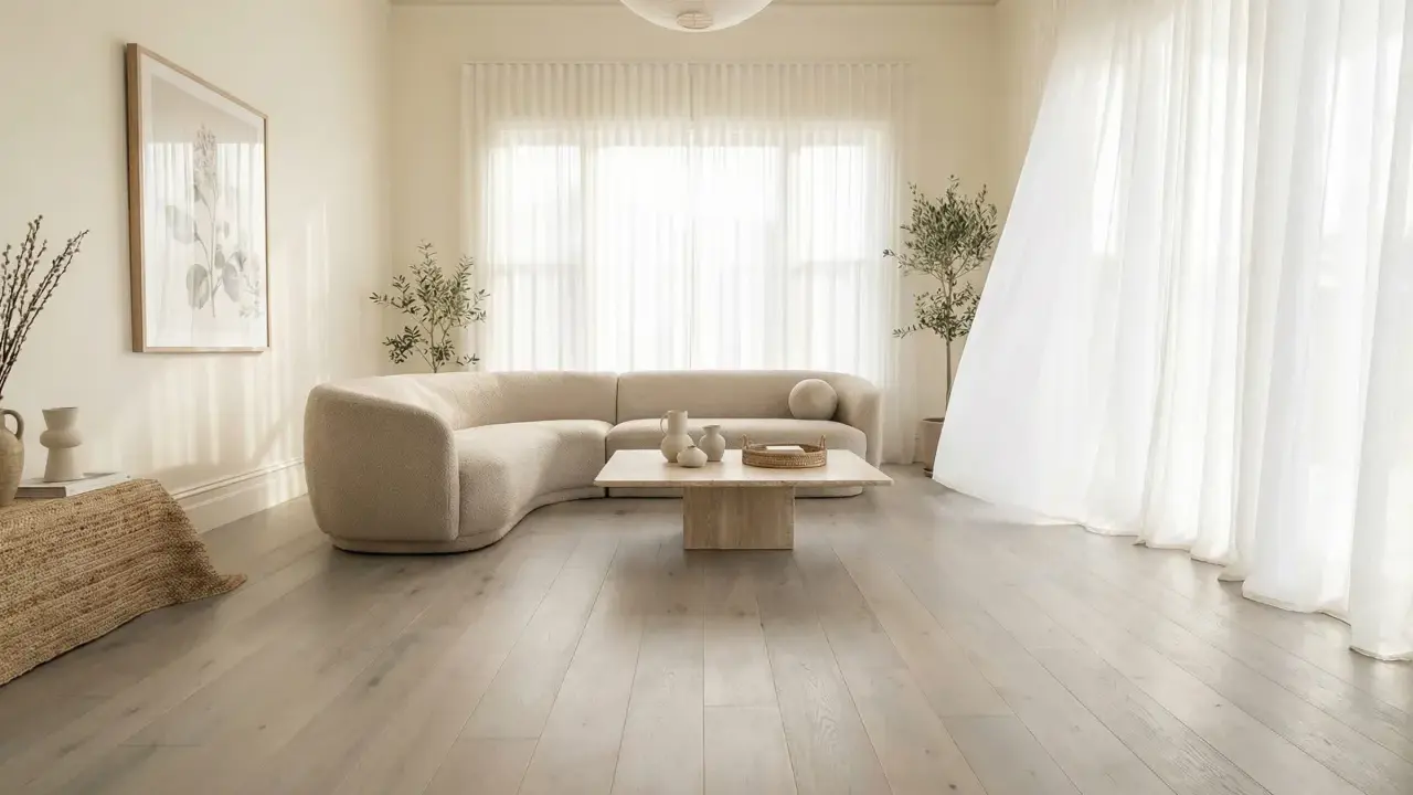 Un salon lumineux avec un canapé incurvé beige, une table basse en pierre et un sol en bois gris clair. Le beige et le blanc s'accordent parfaitement avec le gris clair.