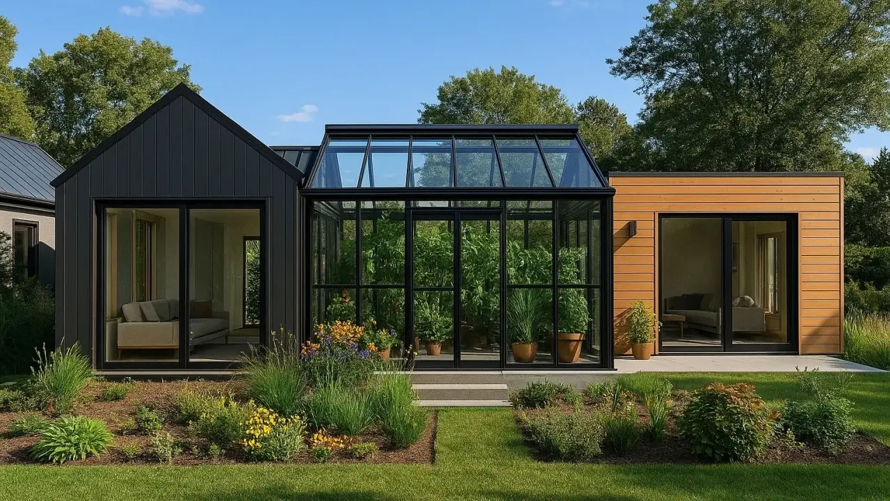 Une maison nature moderne avec une serre vitrée luxuriante, entourée de verdure et de fleurs.