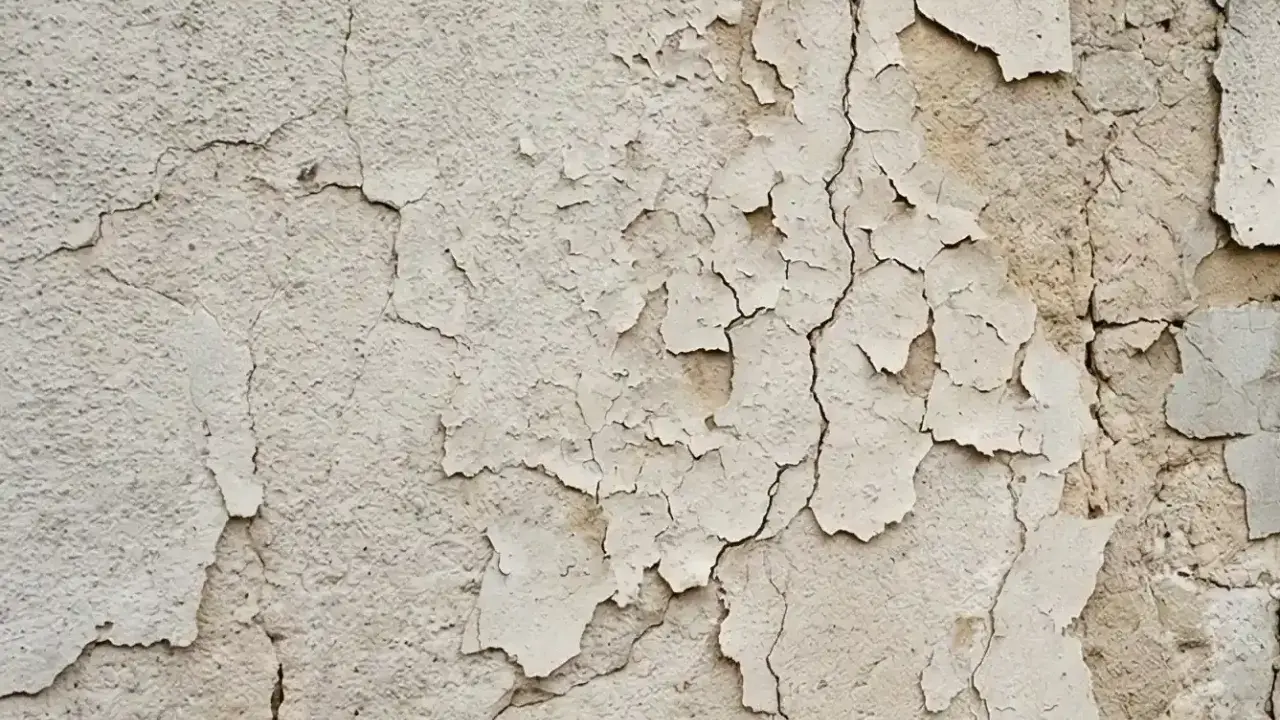 Texture d'un mur qui s'effrite, révélant des couches de peinture écaillée et des fissures profondes.