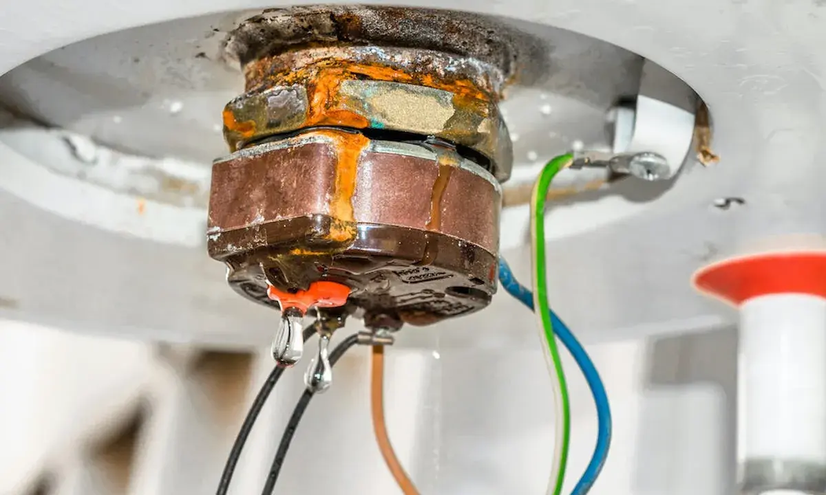 Gouttes d'eau tombant d'une chaudière qui fuit par le bas, signe de corrosion et de problèmes imminents.