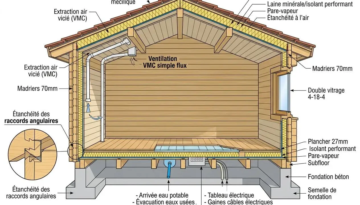Coupe d'un plan chalet en bois montrant l'isolation, la ventilation VMC, les raccords étanches et les raccordements eau/électricité.