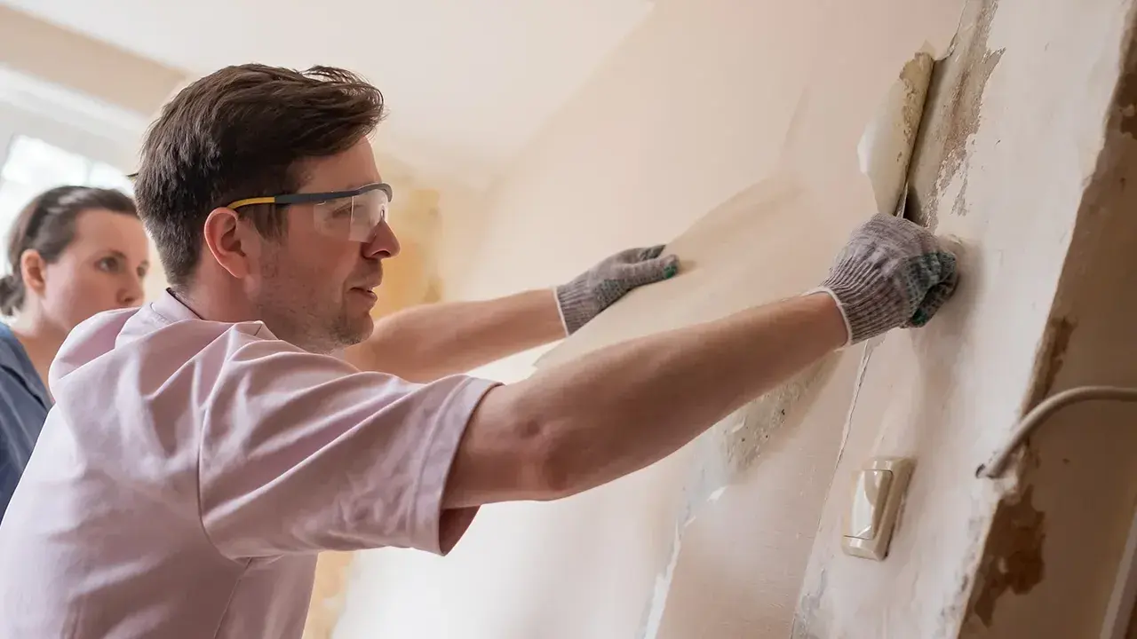 Un homme avec des lunettes de protection et des gants commence à décoller du vieux papier peint d'un mur, une femme l'observe.