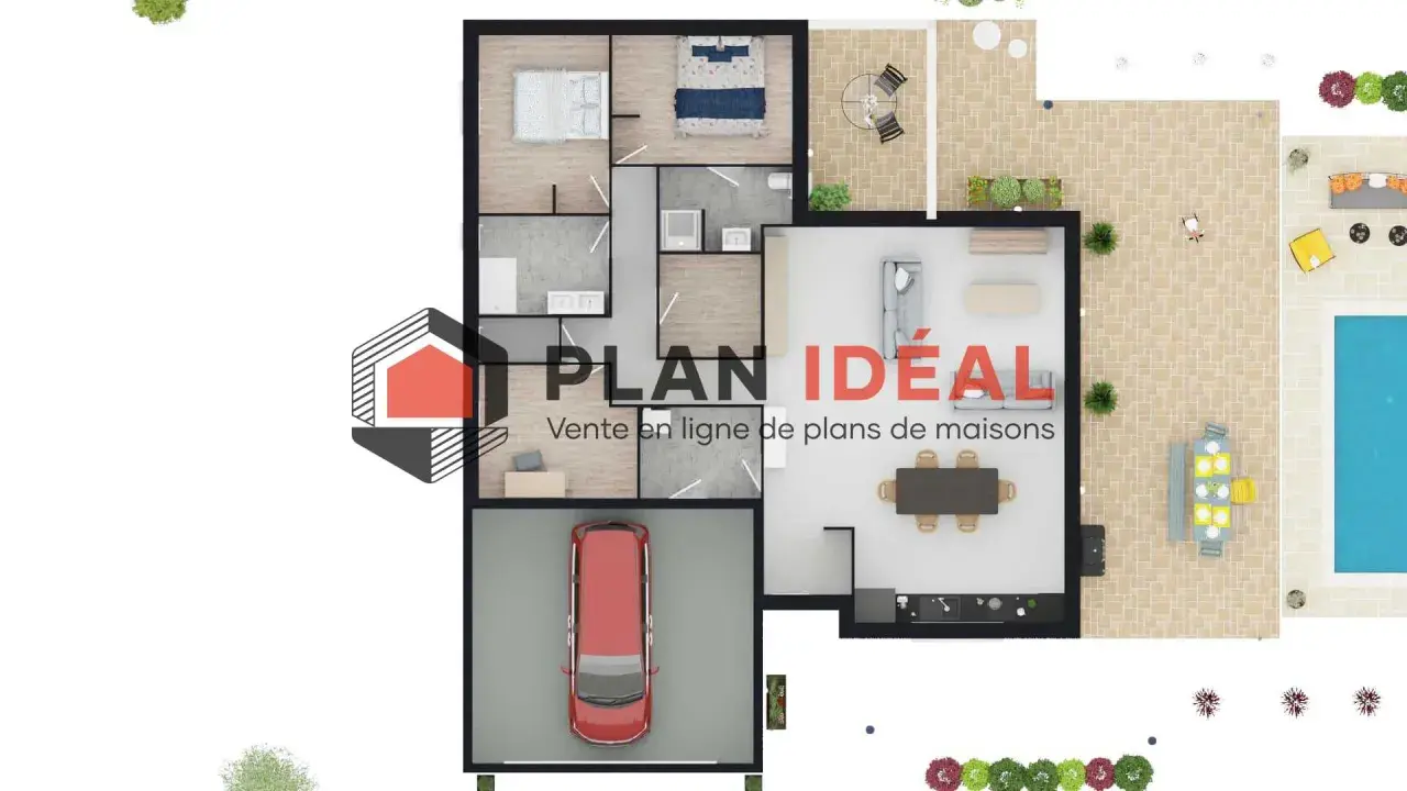 Plan maison plain pied 3 chambres avec suite parentale, garage, terrasse et piscine.
