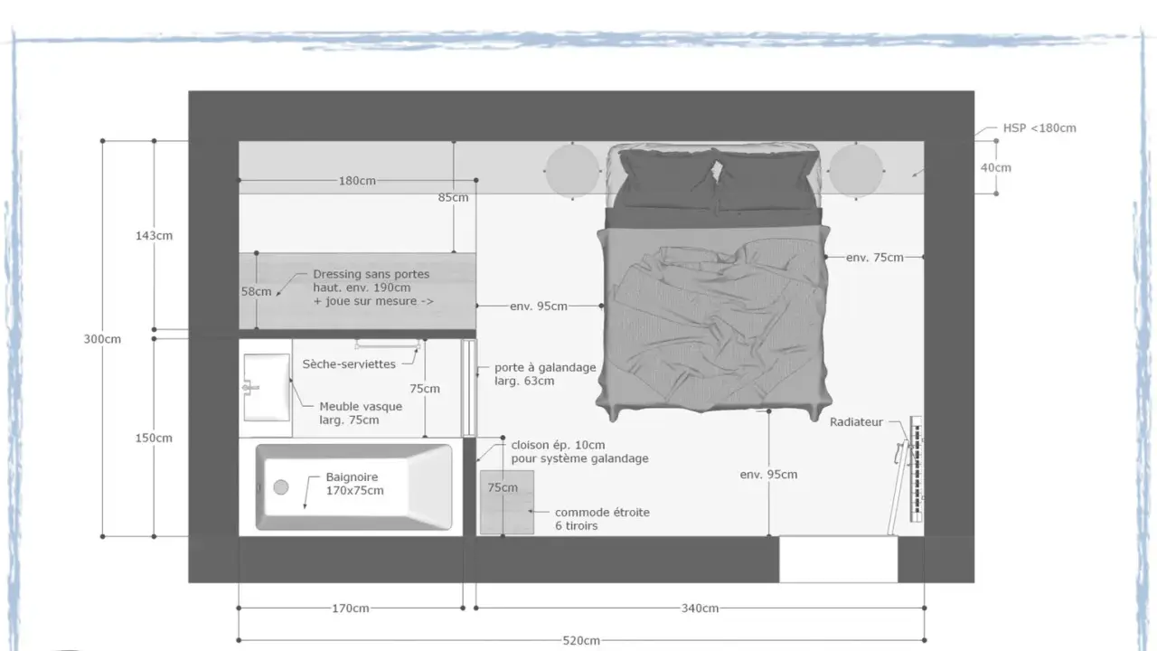 Plan d'une suite parentale de 15m2 avec dressing, salle de bain et chambre. L'agencement optimise l'espace.