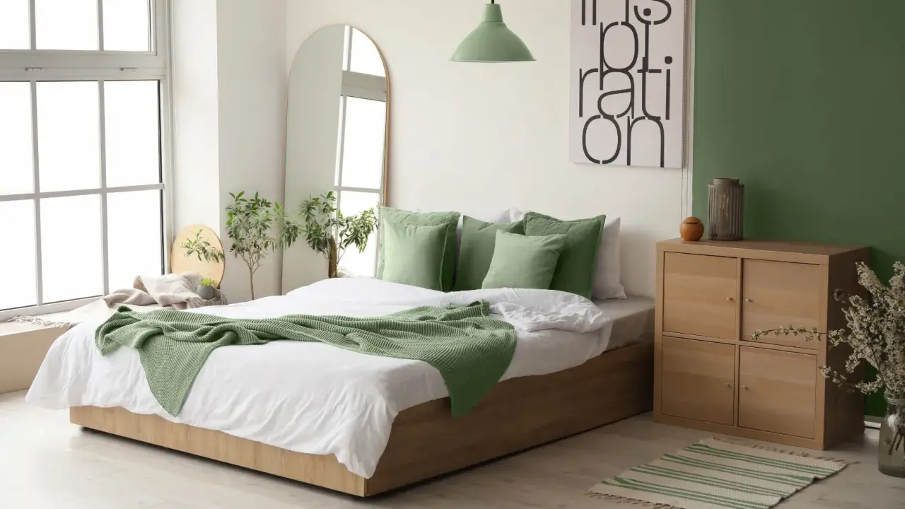 Chambre au nord lumineuse avec murs blancs et un mur vert sauge. Le lit est orné de coussins et d'une couverture vert menthe, apportant une touche de fraîcheur.