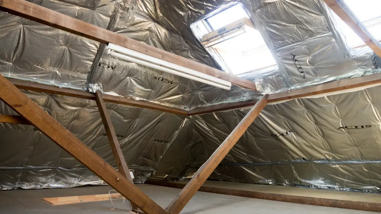 Isolation argentée sous les combles, avec poutres en bois et fenêtres de toit. Un système VMC sans comble est en cours d'installation.
