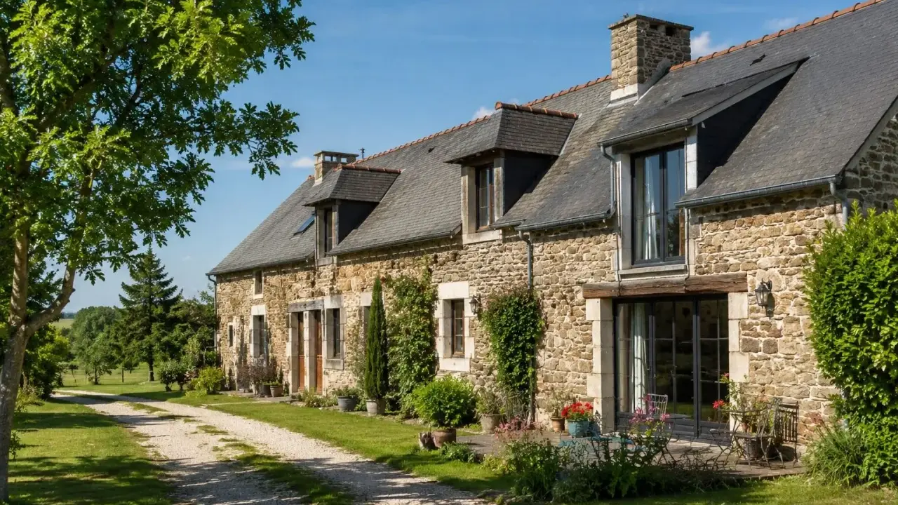 Longère moderne en pierre avec un chemin de gravier menant à l'entrée. Un jardin fleuri borde la façade.