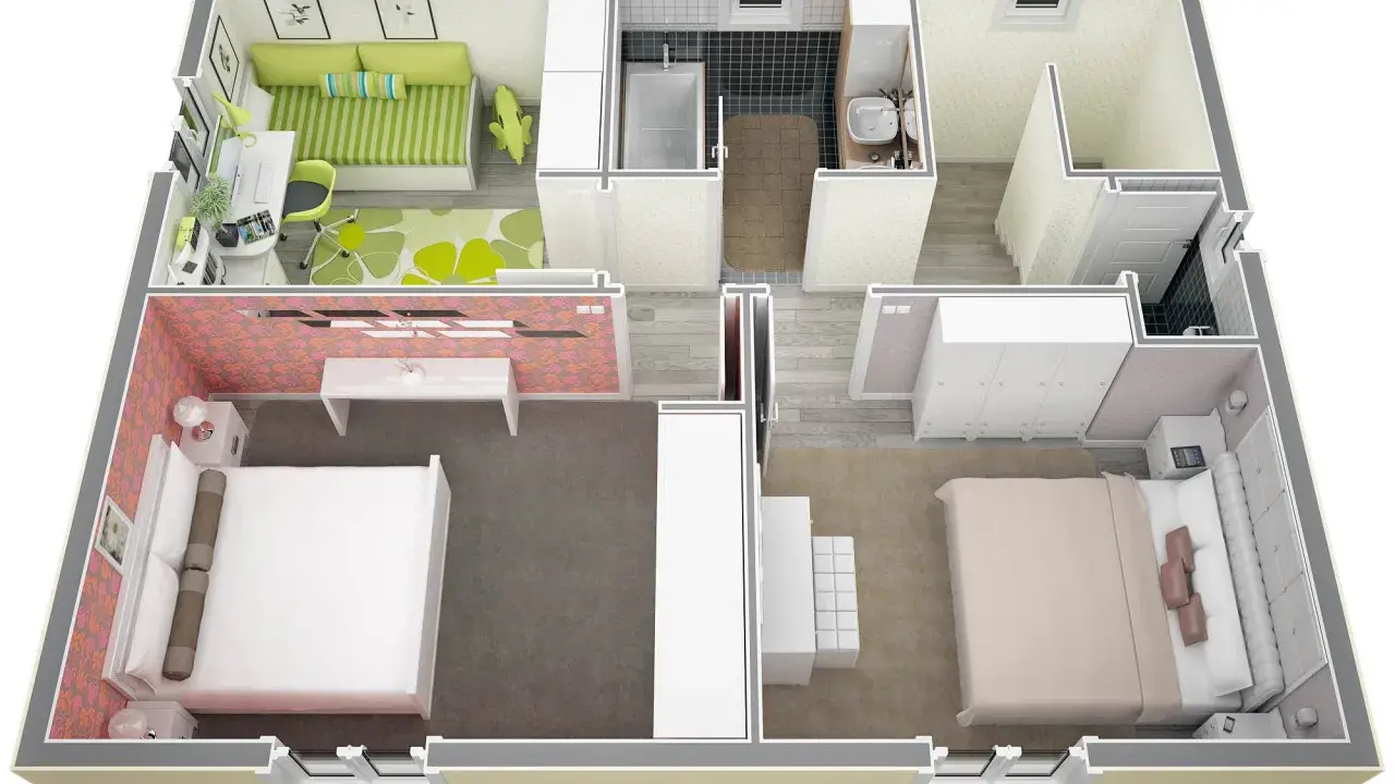 Plan d'une maison de 40m2. Le sol de cette maison de 40m2 comprend deux chambres, un salon, une salle de bain et une cuisine.