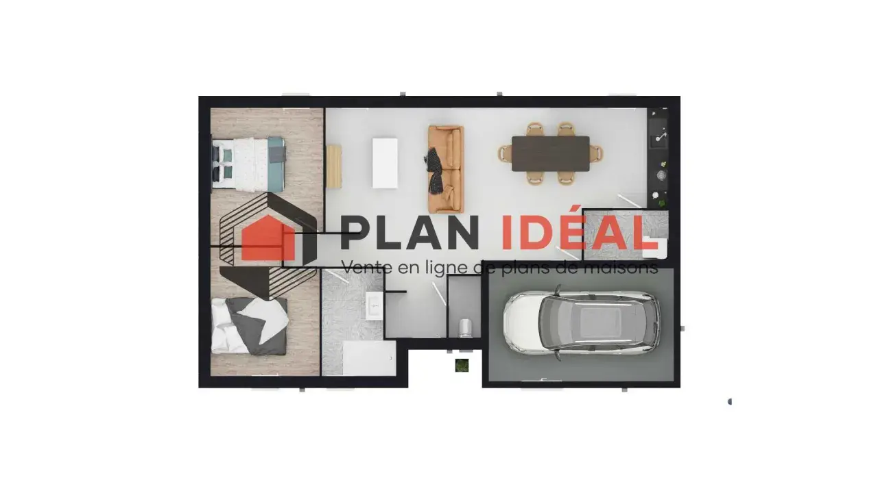 Plan maison plain-pied 2 chambres avec garage et cellier. Idéal pour une famille, ce plan offre un espace de vie lumineux et fonctionnel.