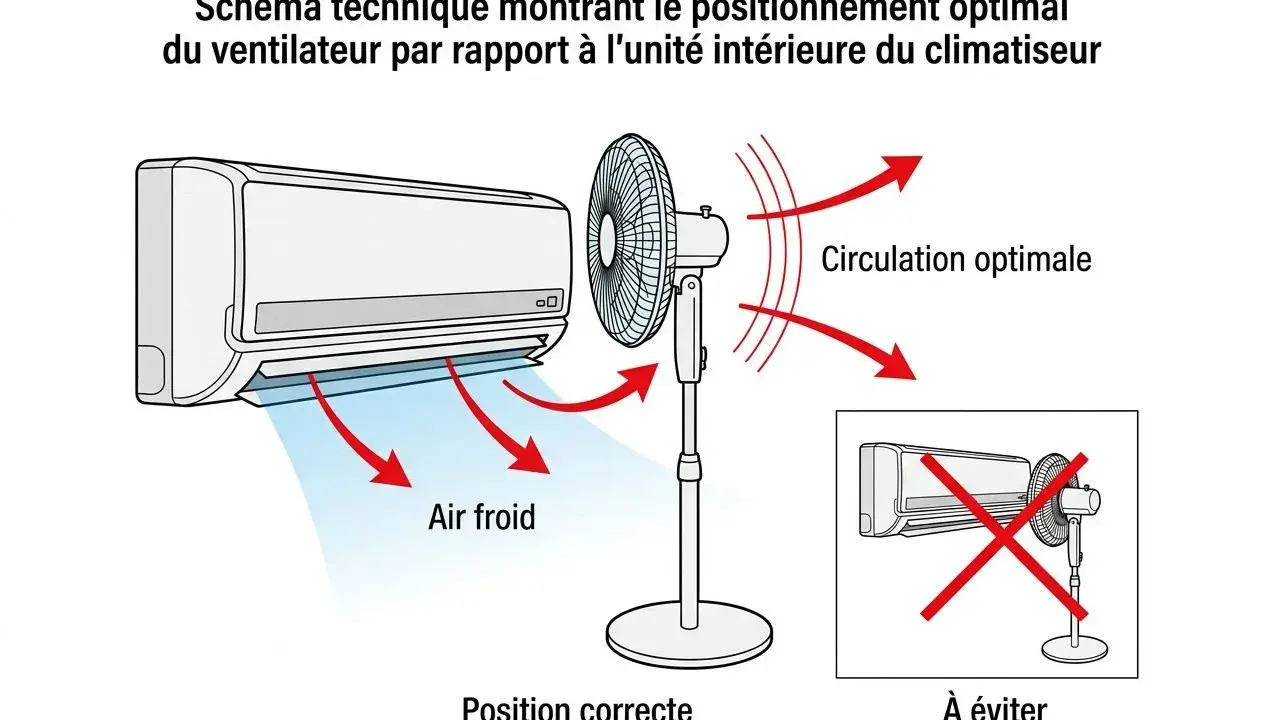 Schéma montrant comment positionner un ventilateur pour une circulation d'air optimale avec un climatiseur. Le mode fan du climatiseur est bien utilisé.