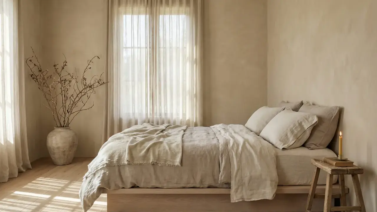 Chambre paisible aux tons sable, avec un lit douillet, des rideaux légers et une bougie. Une ambiance qui invite à se demander quelle est la meilleure couleur pour une chambre.