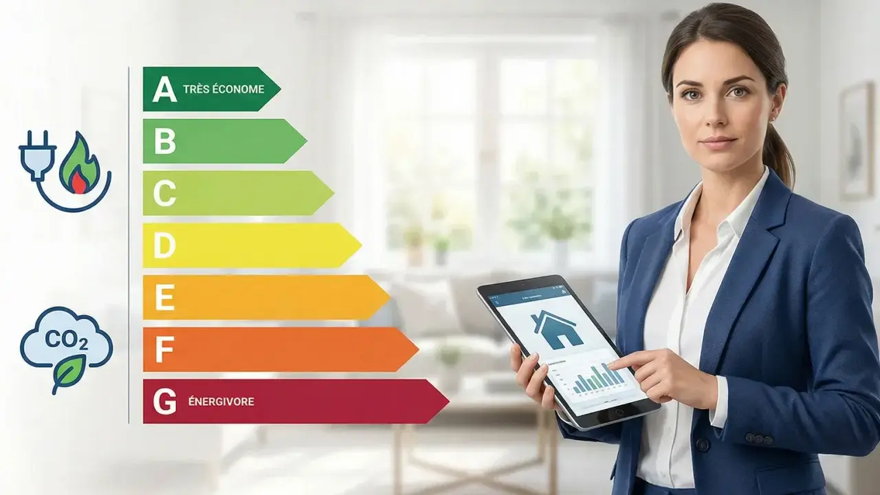 Une femme en costume bleu présente une tablette affichant des données sur la classe énergie d'une maison. L'échelle de A (très économe) à G (énergivore) est visible.