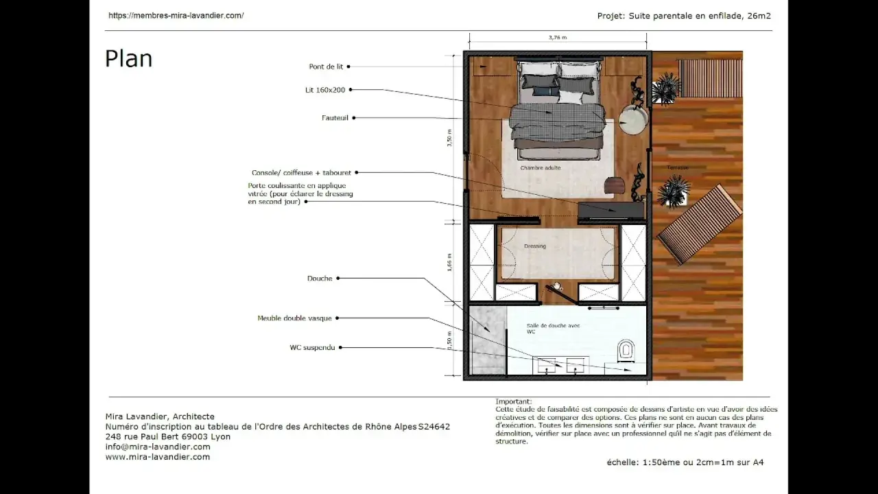 Plan d'une suite parentale en enfilade de 26m2, comprenant chambre, dressing, salle de douche et terrasse.