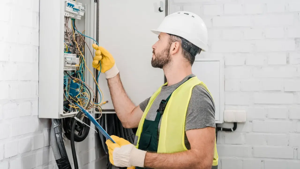 Un électricien artisan, casque blanc et gants jaunes, manipule des fils dans un tableau électrique.