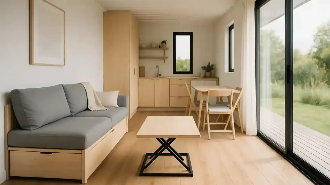 L'intérieur d'une maison container moderne avec un canapé gris, une cuisine et une table à manger. La lumière naturelle inonde la pièce par une grande baie vitrée.