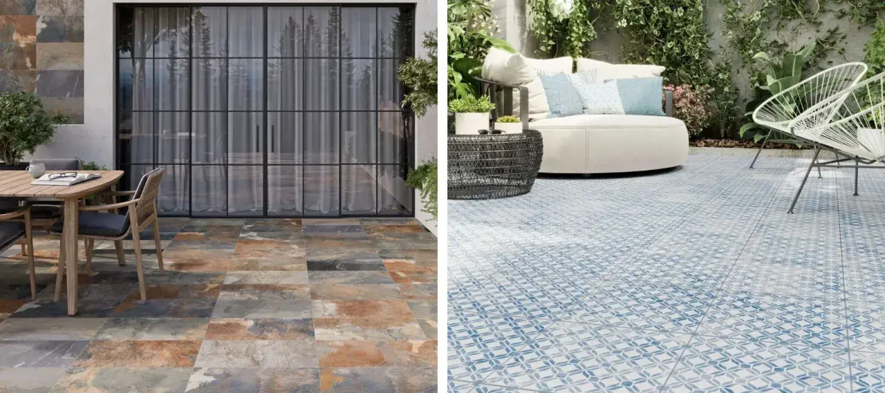 Deux terrasses : une avec un carrelage extérieur imitation ardoise, l'autre avec un carrelage extérieur bleu et blanc à motifs.