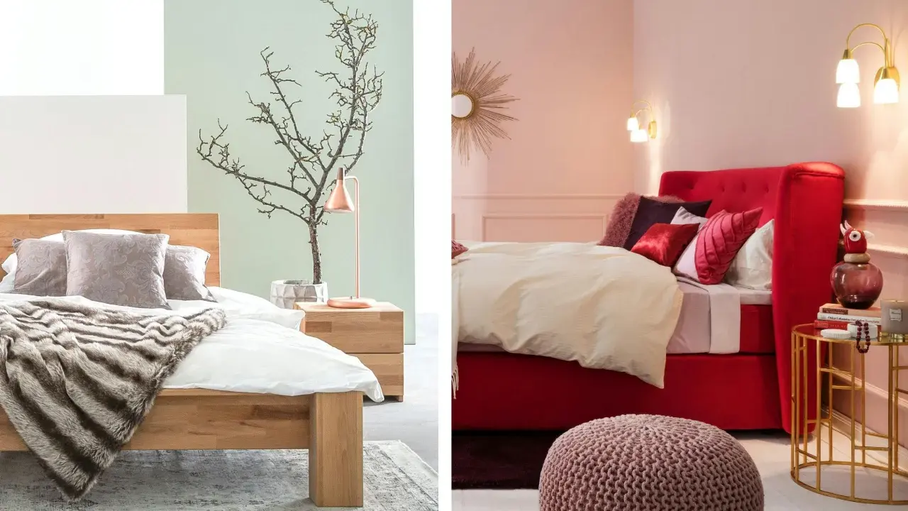 Deux ambiances pour une chambre : bois clair et vert pâle pour la douceur, ou rouge vif et rose pour l'audace. Quelle couleur conseillé pour une chambre ?
